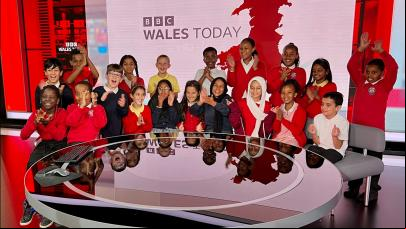 Group of school children in BBC Wales Today studio
